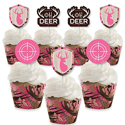 Pink Gone Hunting - Cupcake Decoration - Deer Hunting Girl Camo Baby Shower or Birthday Party Cupcake Wrappers and Treat Picks Kit - Set of 24