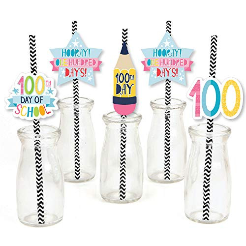 Big Dot of Happiness Happy 100th Day of School - Paper Straw Decor -100 Days Party Striped Decorative Straws - Set of 24