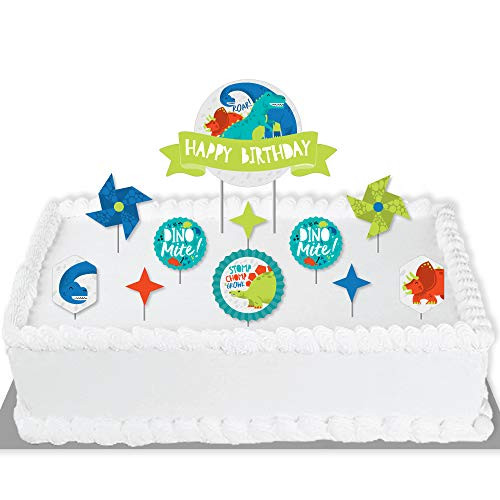 Big Dot of Happiness Roar Dinosaur - Dino Mite Trex Birthday Party Cake Decorating Kit - Happy Birthday Cake Topper Set - 11 Pieces