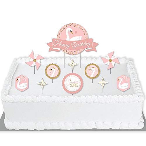 Big Dot of Happiness Swan Soiree - White Swan Birthday Party Cake Decorating Kit - Happy Birthday Cake Topper Set - 11 Pieces