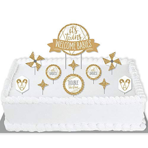 Big Dot of Happiness Its Twins - Gold Twins Baby Shower Cake Decorating Kit - Welcome Babies Cake Topper Set - 11 Pieces
