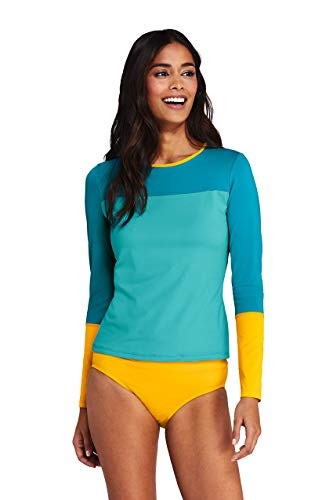 Lands' End Womens Crewneck Swim Tee Rash Guard-Spliced-Colorblock Vivid Teal/Capri Aqua/Yellow Regular Medium