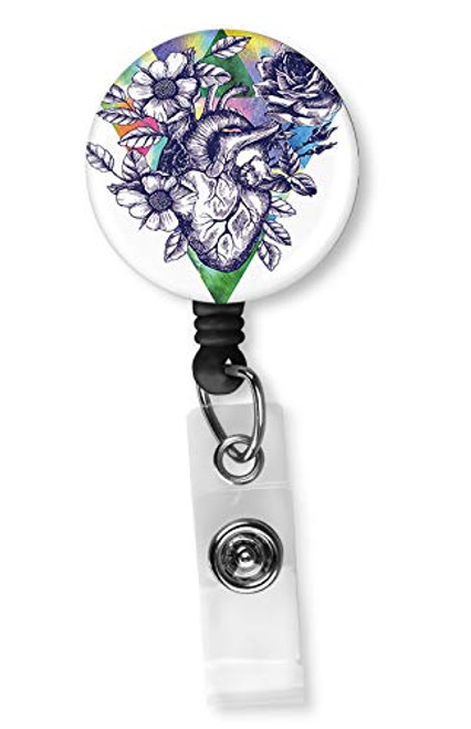 Blooming Anatomical Human Heart Retractable Badge Reel with Alligator Clip?Name Nurse ID Card Badge Holder Reel, Decorative Custom Badge Holder