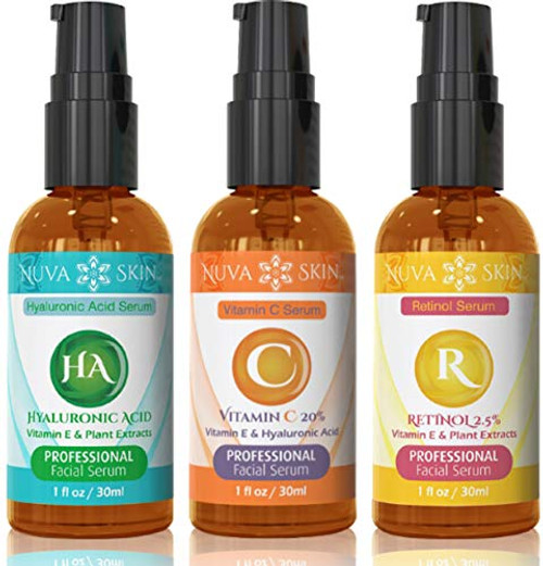 Nuva Skin Facial Serums - Vitamin C Serum, Retinol Serum & Hyaluronic Acid Serum - All-Natural Skin Treatment & Anti-Aging Serums, Pack of 3