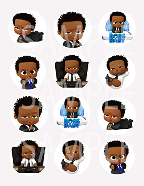 Black Boss Baby Stickers, Large 2.5 Round Circle DIY Stickers to Place onto Party Favor Bags, Cards, Boxes or Containers -12 pcs, African American