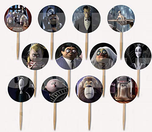 ADDAMS FAMILY Cupcake Picks Cake Toppers -12 pcs, Halloween Cousin IT, Wednesday, Morticia, Gomez, Thing Hand, Pugsley, Margaret