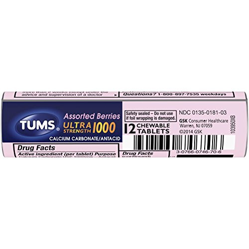 TUMS Antacid Chewable Tablets, Ultra Strength for Heartburn Relief, Assorted Berries, 12 count (Pack of 12)