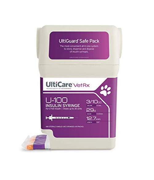 UltiCare VetRx U-100 UltiGuard Safe Pack Pet Insulin Syringes 3/10cc, 29G x 1/2, 100ct