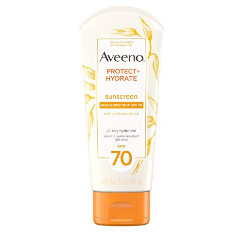 Aveeno Protect + Hydrate Moisturizing Sunscreen Lotion with Broad Spectrum SPF 70 & Antioxidant Oat, Oil-Free, Sweat- & Water-Resistant Sun Protection, Travel-Size, 3 oz