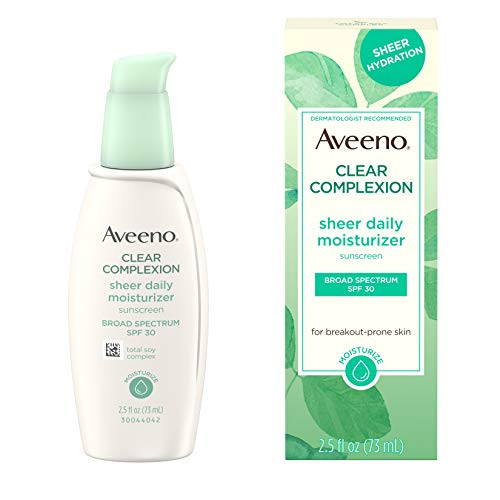 Aveeno Clear Complexion Sheer Daily Face Moisturizer with Broad Spectrum SPF 30 Sunscreen & Total Soy Complex for Breakout-Prone Skin, Non-Greasy, Lightweight & Oil-Free, 2.5 fl. oz