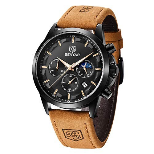 BENYAR Wrist Watches for Men Quartz Movement Analog Chronograph Business Sport Design Mens Watch Leather Strap 3ATM Waterproof Stylish Elegant Gifts for Men