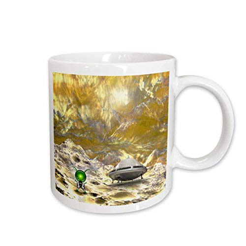 3dRose Space Exploration with Green Alien Astronaut and Rickety Space Craft, Ceramic Mug, 11-Oz