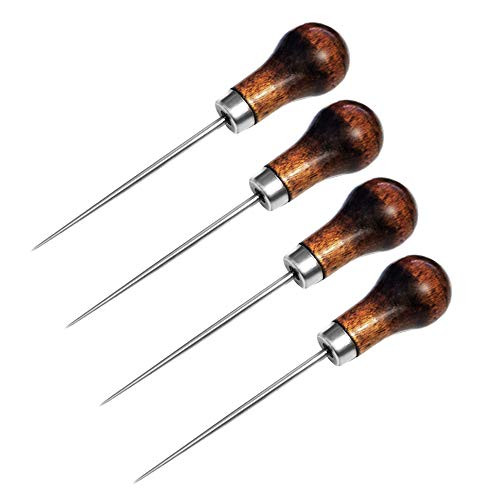 Gen Yong 4 Pack Wooden Handle Scratch Awl Gourd Shape Leather Awl Tool Pin Punching for Leather Pouch Hole DIY Handmade