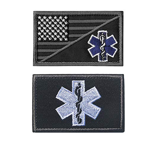 SOUTHYU 2 Pieces USA American Flag Star of Life Medical EMS EMT Paramedic Tactical Morale Patches Military Emblem Embroidered Badge Applique Fastener Hook & Loop Patch