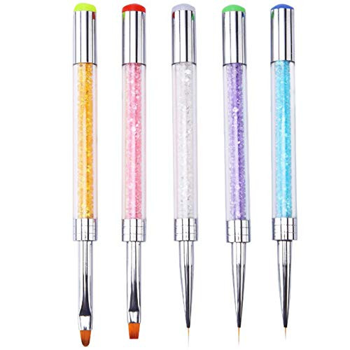 BornBeauty 5pcs Dual Ended Nail Art Brushes Stamper Head Dotting Pen Acrylic Rhinestone Crystal 2 Way UV Gel Painting Manicure Tool Drawing Liner Flower Brush Decoration