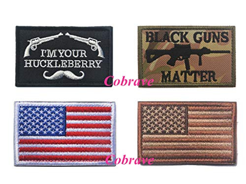Cobrave 4Pcs USA Flag Patch/I 'm Your Huckleberry Patch Tactical Embroidered Patch for Camo Clothes, Backpack, Tactical Helmet, or Camo Hat