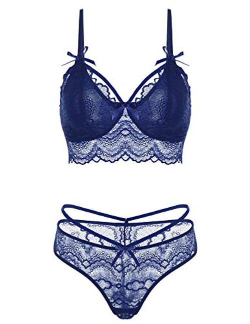 klier Sexy Lingerie for Women Lace Babydoll Bodysuit 2 Piece Sexy Bra and Panty Sets Navy Blue