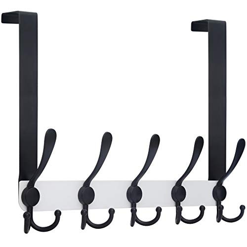 WEBI Over The Door Hook Door Hanger:Over The Door Towel Rack with 5 Tri Hooks for Hanging,Door Coat Hanger Towel Hanger Over Door Coat Rack for Clothes,Behind Back of Bathroom,Black&White