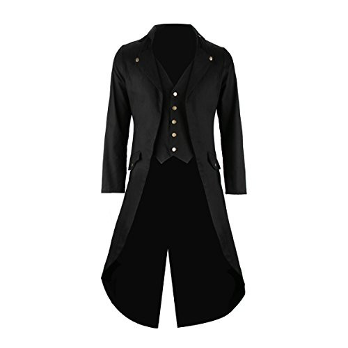 SOLOTIMES Mens Black Tailcoat Jacket Gothic Steampunk Victorian VTG Halloween Costume Long Coat (Large)