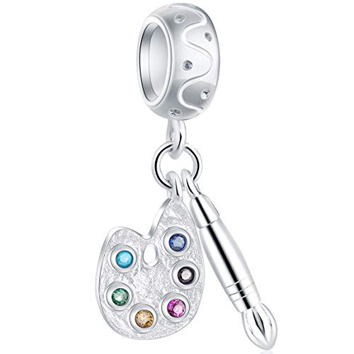 Choruslove Artist Palette Paintbrush Charm 925 Sterling Silver Charm with Colorful Stone Dangle Bead for European Bracelet Necklace