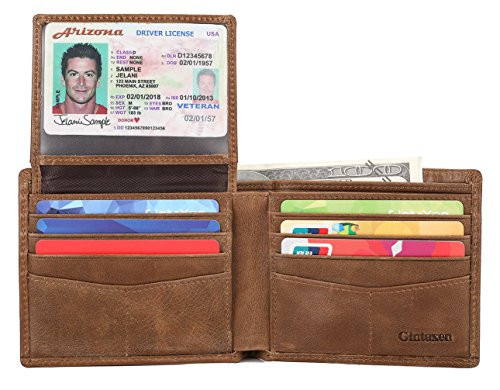 Mens Genuine Leather Bifold Wallet with 2 ID Window and RFID Blocking - Brown