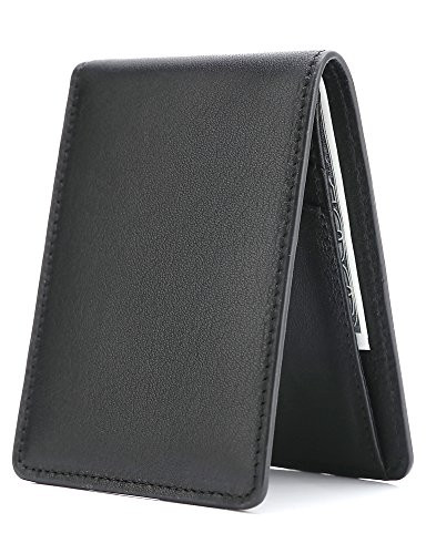 Men's Slim Leather Wallet Small Billfold Front Pocket Wallet with RFID Blocking ID window - Black