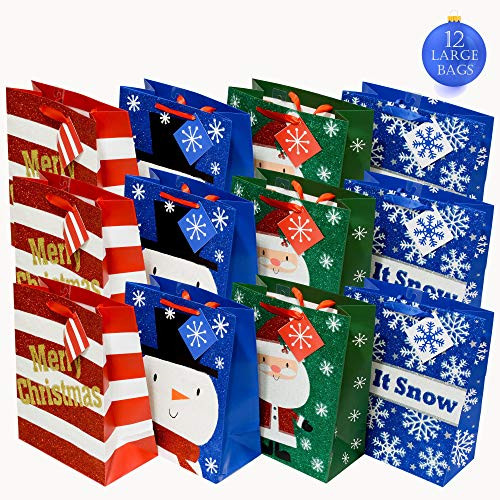 Christmas Gift Bags Large Size Kraft Paper in Assorted Colors Red, Green and Blue with Wide Ribbon Handles and Glitter for Gift Giving on Holiday and Party Favors 10 x 12 Inch Bulk Pack (Set of 12) Christmas Gift Bags Large Size Kraft Paper in Assorted Colors Red, Green and Blue with Wide Ribbon Handles and Glitter for Gift Giving on Holiday and Party Favors 10 x 12 Inch Bulk Pack (Set of 12)
