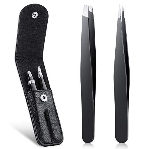 Tovieya Set, Professional Stainless Steel Slant Tip Tweezer & Pointed, 2pcs Precision Eyebrow Tweezers and Hair Remover