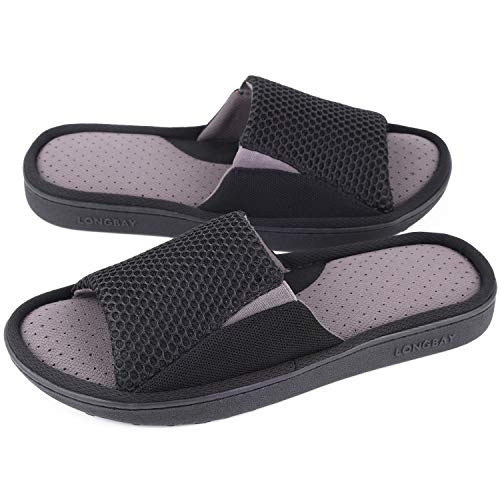 Men's Comfy Memory Foam Slide Slippers Breathable Mesh Cloth House Shoes (Large / 11-12 D(M) US, Black)