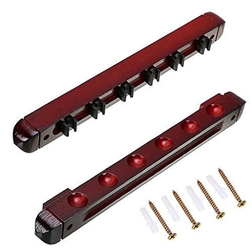 OwnMy Billiard Cue Rack 6 Cues Wall Mount Mahogany Finish Hardwood Pool Cue Rack with Cue Clips (Red)