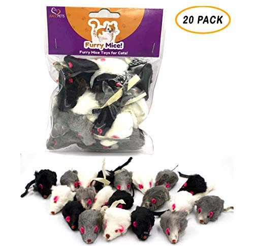 AXEL PETS 20 Furry Mice with Catnip and Rattle Sound Made of Real Rabbit Fur Interactive Catch Play Mouse Toy for Cat, Pack of 20 Mice