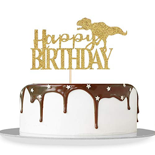 Gold Glitter Happy Birthday Cake Topper Dinosaur Theme - Baby Shower - Baby Boy - Children's 1st 2nd 3rd 4th 5th Birthday Party Decoration