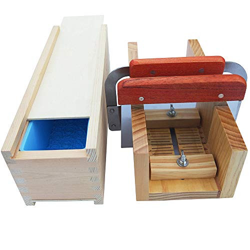 Soap Loaf Cutting Making Molds Wooden Kit with Rose Silicone Mold + Wood Box + Adjustable Cutter Mold + 2 Pcs Straight Wavy Stainless Steel Cutters Slicer