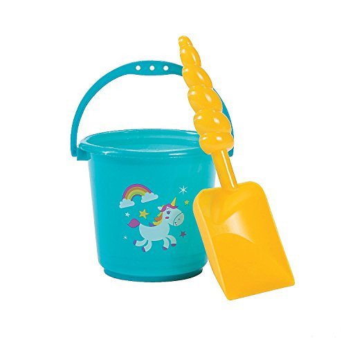 Fun Express Mini Rainbow Unicorn Buckets With Horn Shovels - 12 Pieces