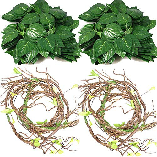 4Pcs Flexible Bend-A-Branch Jungle Vines Terrarium Leaves Lizard Gecko Habitat Tank Decor for Frogs, Snakes and More Reptiles