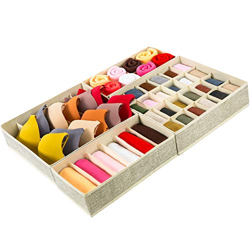 Drawer Organizer, 4 Set Foldable Underwear Drawer Organizer and Closet Dividers, Storage Box for Clothes, Socks, Underwear (4 Bins, Beige) Drawer Organizer, 4 Set Foldable Underwear Drawer Organizer and Closet Dividers, Storage Box for Clothes, Socks, Underwear (4 Bins, Beige)