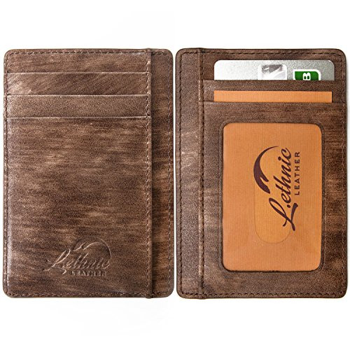Lethnic Slim Wallet RFID Front Pocket Minimalist Wallet With ID Window - Genuine Leather (Special Brown)