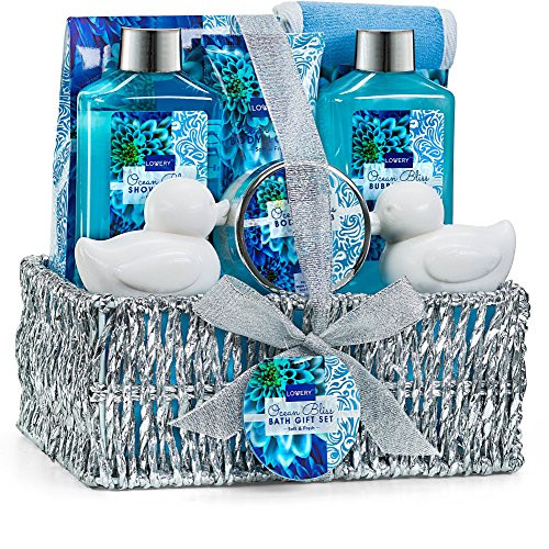 Home Spa Gift Basket in Heavenly Ocean Bliss Scent - 9 Piece Bath & Body Set With Shower Gel, Bubble Bath, Salts, Lotions & more! Great Wedding, Anniversary, Birthday & Graduation Gift for Women & Men