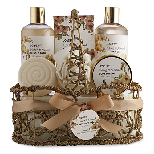 Home Spa Gift Basket - Honey & Almond Scent - Luxury Bath & Body Set For Women and Men - Contains Shower Gel, Bubble Bath, Body Lotion, Bath Salt, Bath Bomb, Bath Puff & Handmade Weaved Basket Home Spa Gift Basket - Honey & Almond Scent - Luxury Bath & Body Set For Women and Men - Contains Shower Gel, Bubble Bath, Body Lotion, Bath Salt, Bath Bomb, Bath Puff & Handmade Weaved Basket