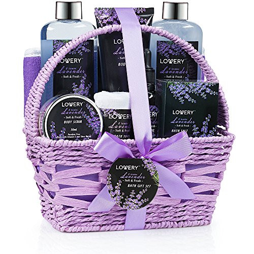 Home Spa Gift Basket, 9 Piece Bath & Body Set for Women and Men, Lavender & Jasmine Scent - Contains Shower Gel, Bubble Bath, Body Lotion, Bath Salt, Scrub, Massage Oil, Loofah & Basket