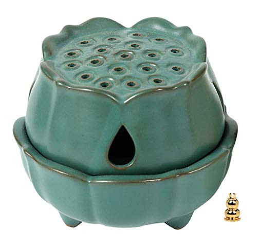 Ceramic Lotus Incense Burner - Ceramic Coil Incense Holder, Buddha Incense Burner, Small Size for Tower, Powder Incense, 2H/4H Coil Incense, Short Stick Incense, Yoga, Meditation, Ornaments (Green)