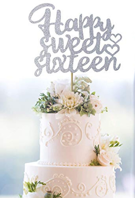 Starsgarden Silver Happy Sweet Sixteen Cake Topper - Happy 16th Birthday Party Decoration Supplies - Sweet 16 Cake Toppers(Silver Sixteen)