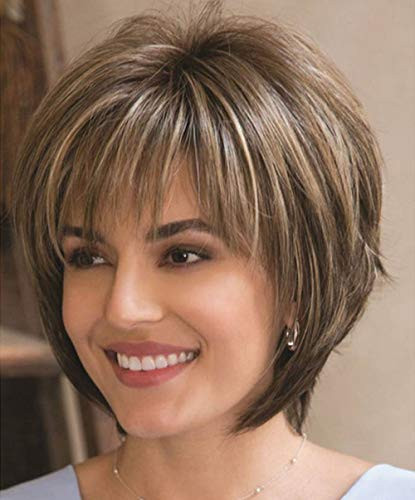 SEVENCOLORS Short Straight Wig with Dark Brown Mixed Light Brown Bob Hair Synthetic Wigs with Bangs Natural Looking for Women