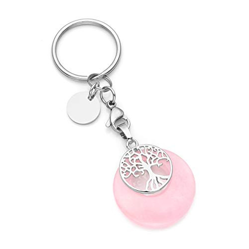 CrystalTears Tree of Life Silver Charms Keychain Rose Quartz Healing Crystal Chakra Pendant for Womens Mens