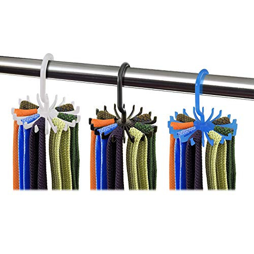 Dseap 3 Packs 360 Degree Rotating Twirl Tie Rack Adjustable Tie Belt Hanger Holder Hook Ties for Closet Organizer Storage.(Black+White+Blue)
