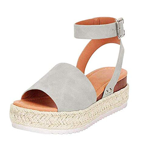 Womens Casual Espadrilles Trim Rubber Sole Flatform Studded Wedge Buckle Ankle Strap Open Toe Sandals (Gray,9 M US)