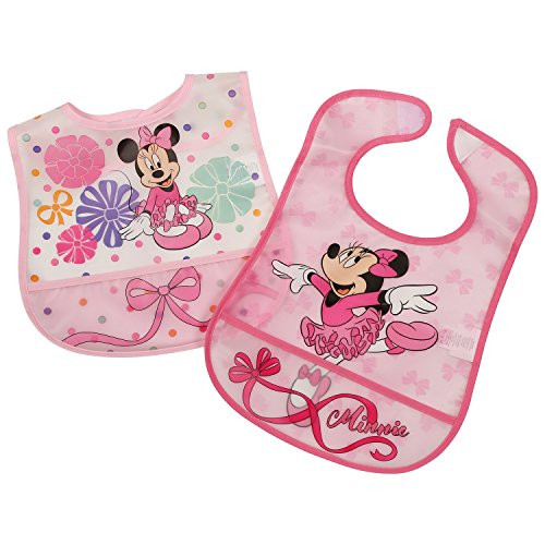 Disney Minnie Mouse 2 Piece Printed Frosted Water Proof Peva Bib, Pink Crumb Catcher Pocket