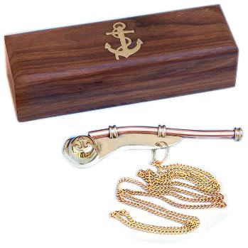 Hampton Nautical Solid Brass/Copper Boatswain (Bosun) Whistle with Rosewood Box, 5", Brass