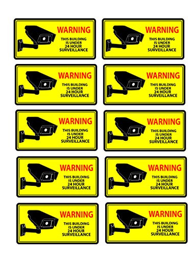 Security Camera Decal Warning Stickers, CCTV Video Surveillance Recording Signs from Vinyl for Indoors, Outdoors; by Mandala Crafts, Front Adhesive Solid Yellow