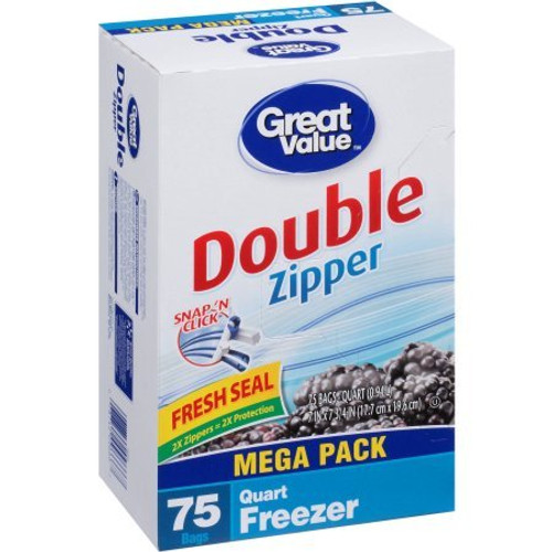 Great Value Double Zipper Quart Size Freezer Storage Bags, 75 count